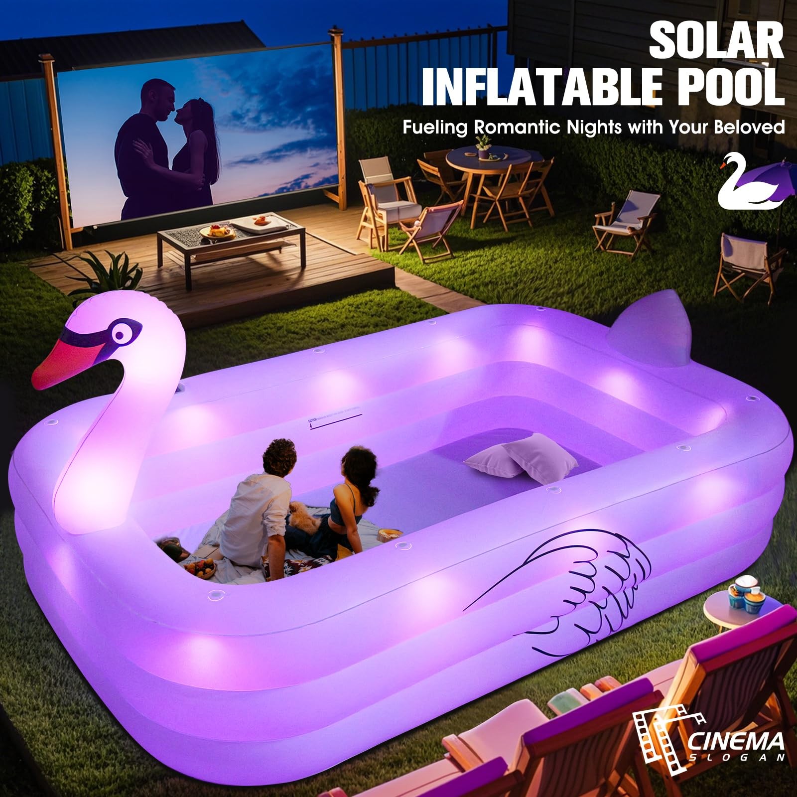 Inflatable Swimming Pool 100 x63 x20 Solar Lights Adults Kids White Blow Pools