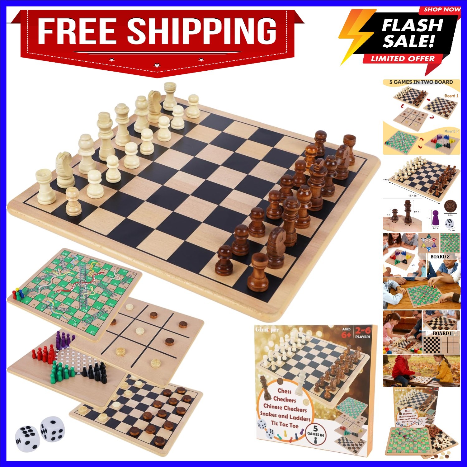 5-in-1 Wooden Board Game with 2 Reversible Boards for Chess, Checkers, Chines…