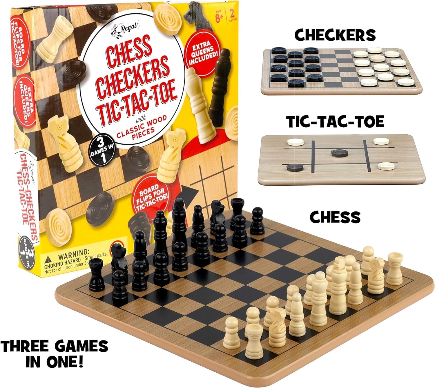 Reversible Wooden Board Game for Chess, Checkers & Tic-Tac-Toe – 10.5 Inch
