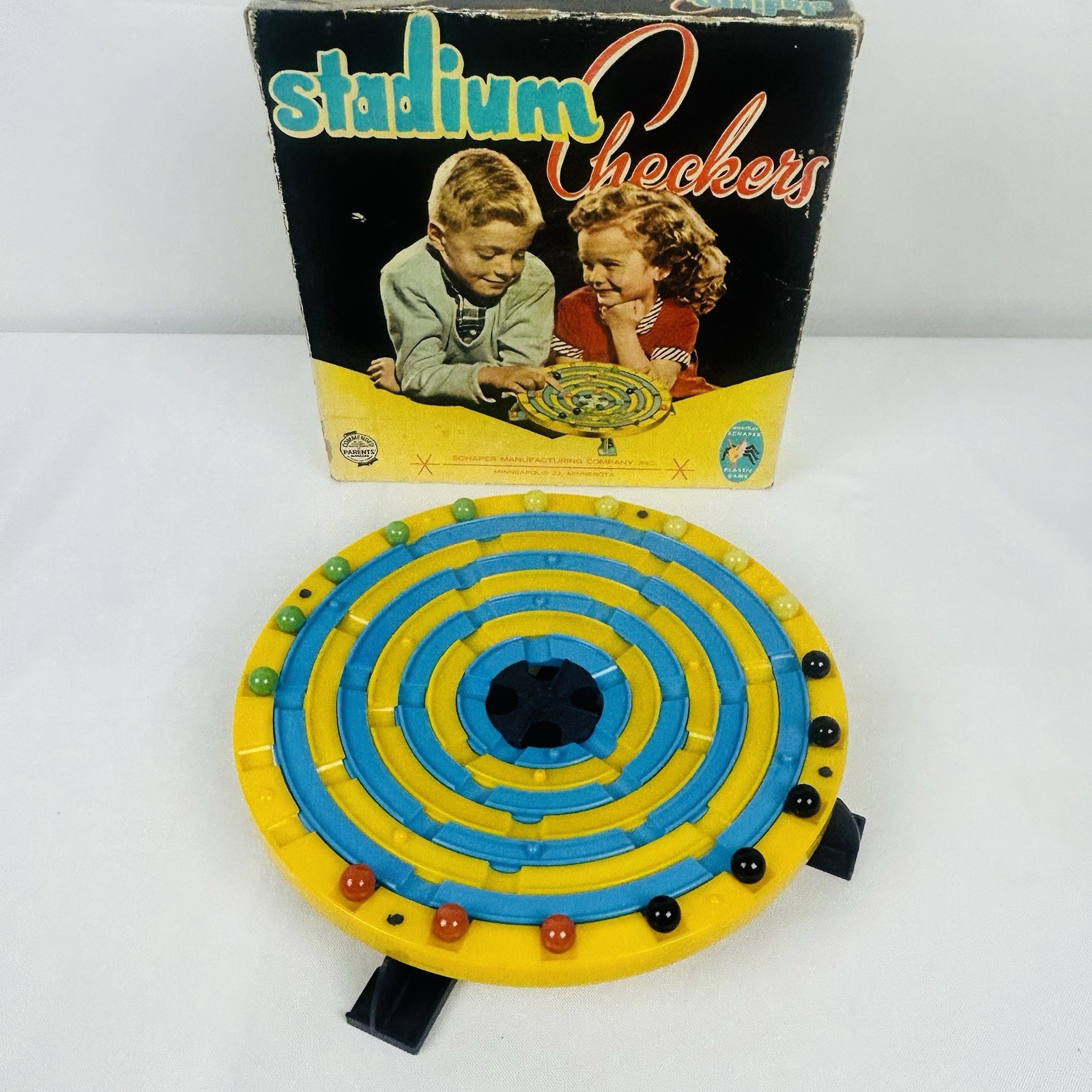 Stadium Checkers Game by Schaper 5x Black, Green Yellow. 3 Orange