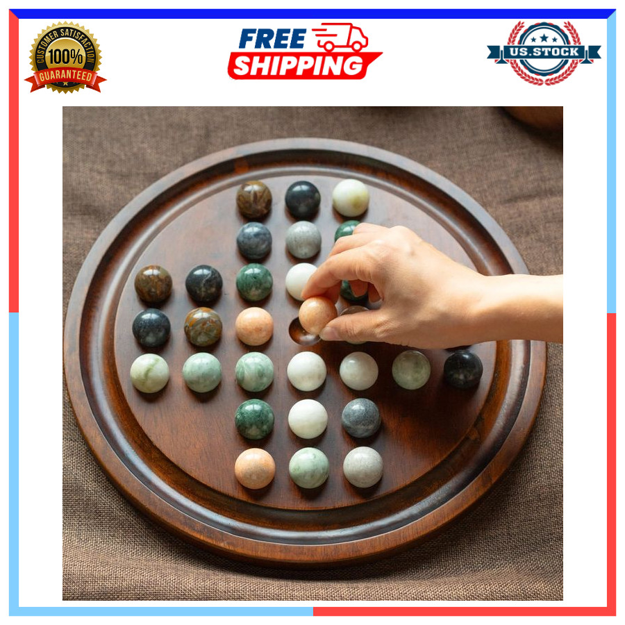 12.6” Wooden Solitaire Board Game Single Player Strategy with Marble Balls Set