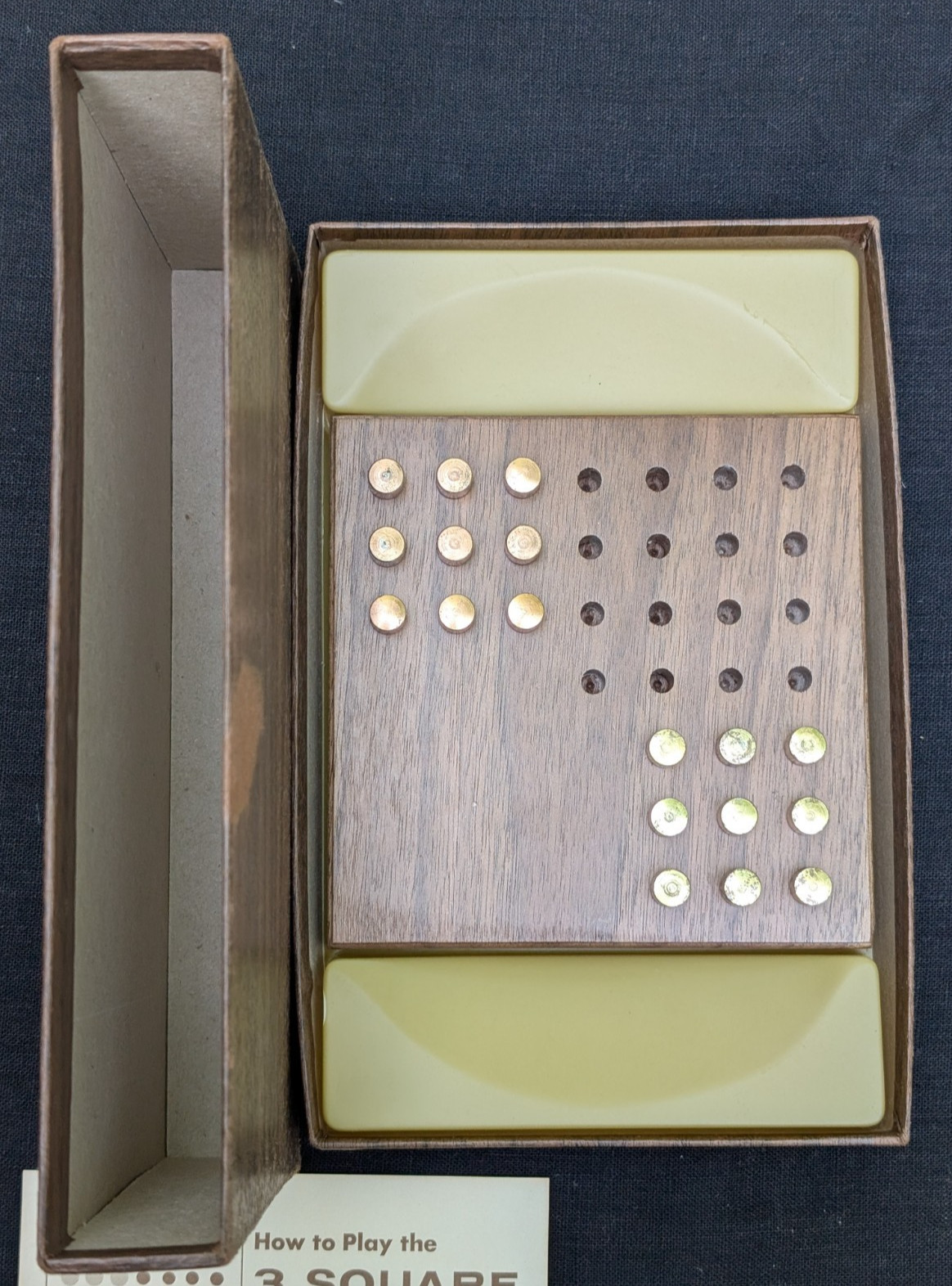 VTG 1964 HOYLE GAME SETKO’S 3 SQUARE PUZZLER WALNUT BOARD BRASS PCS BOXED COMPLT
