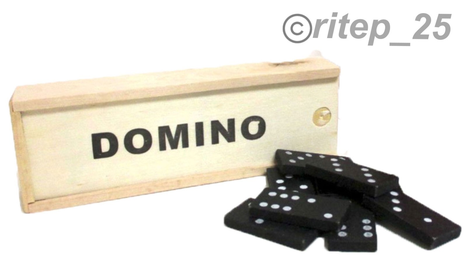 Standard DOMINOES Set of 28 Mini Black Double Six Domino Tiles With Wood Case