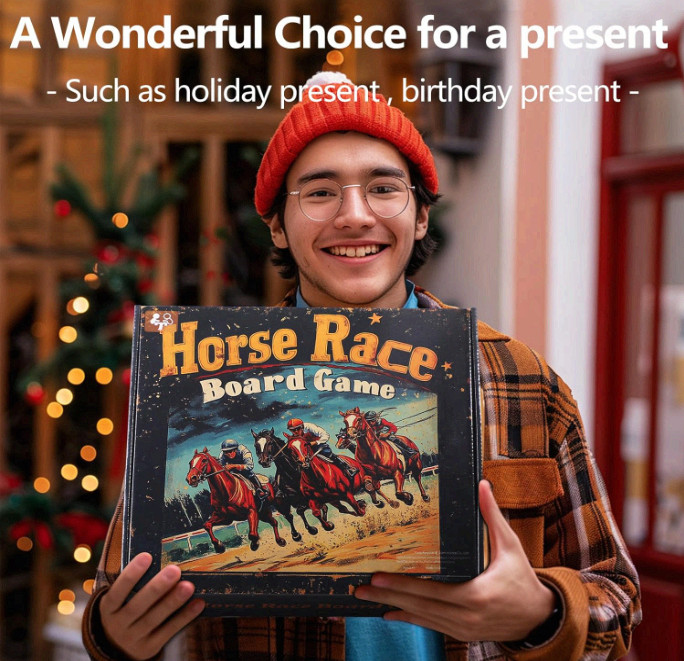 Wooden Finish Line Horse Racing Game with 11 Metal Horses, Dice, Cards Set Box