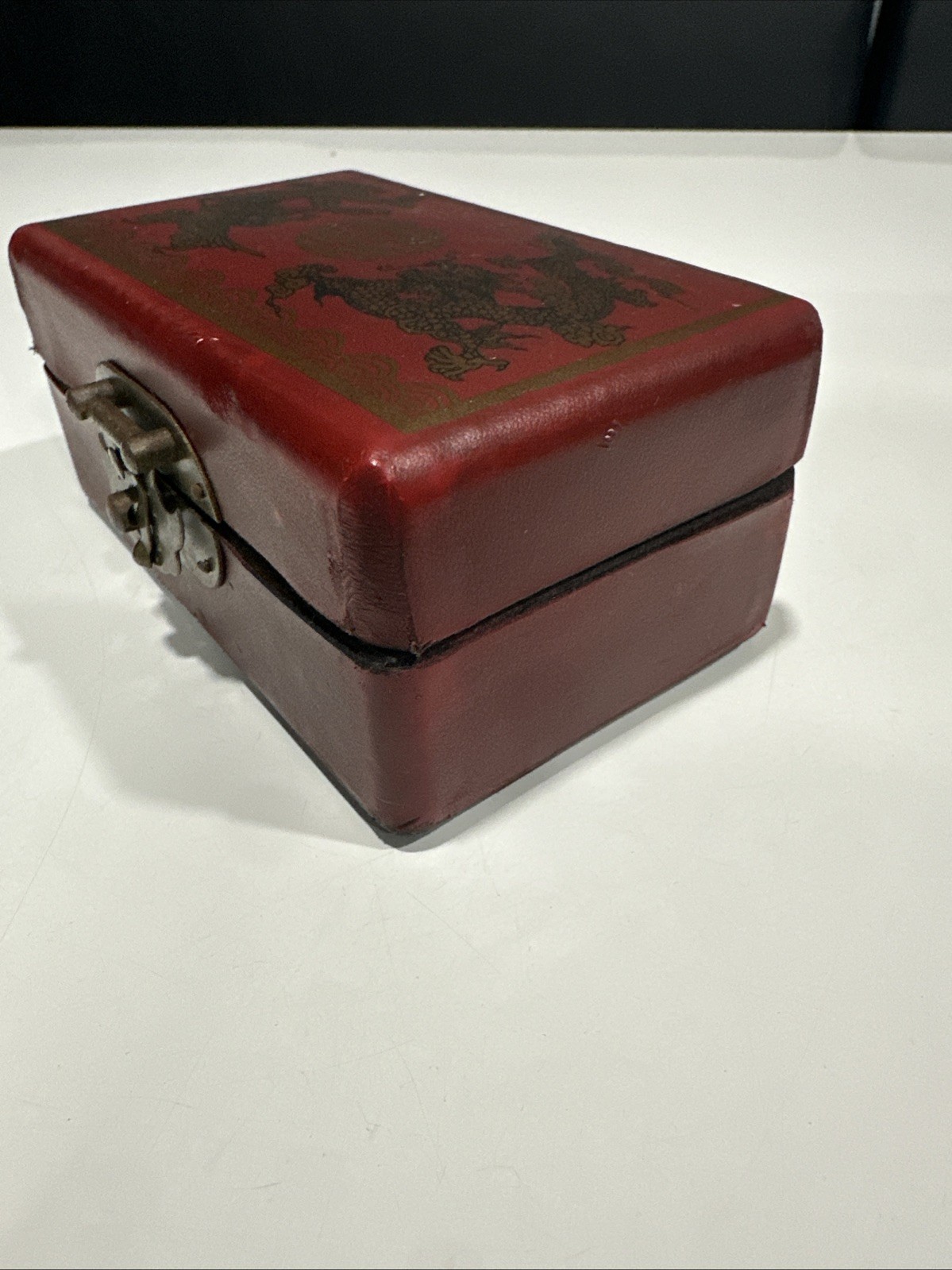 Vintage Chinese Red Leather Box Dragon Art -Box for Mini- Dominoes Game