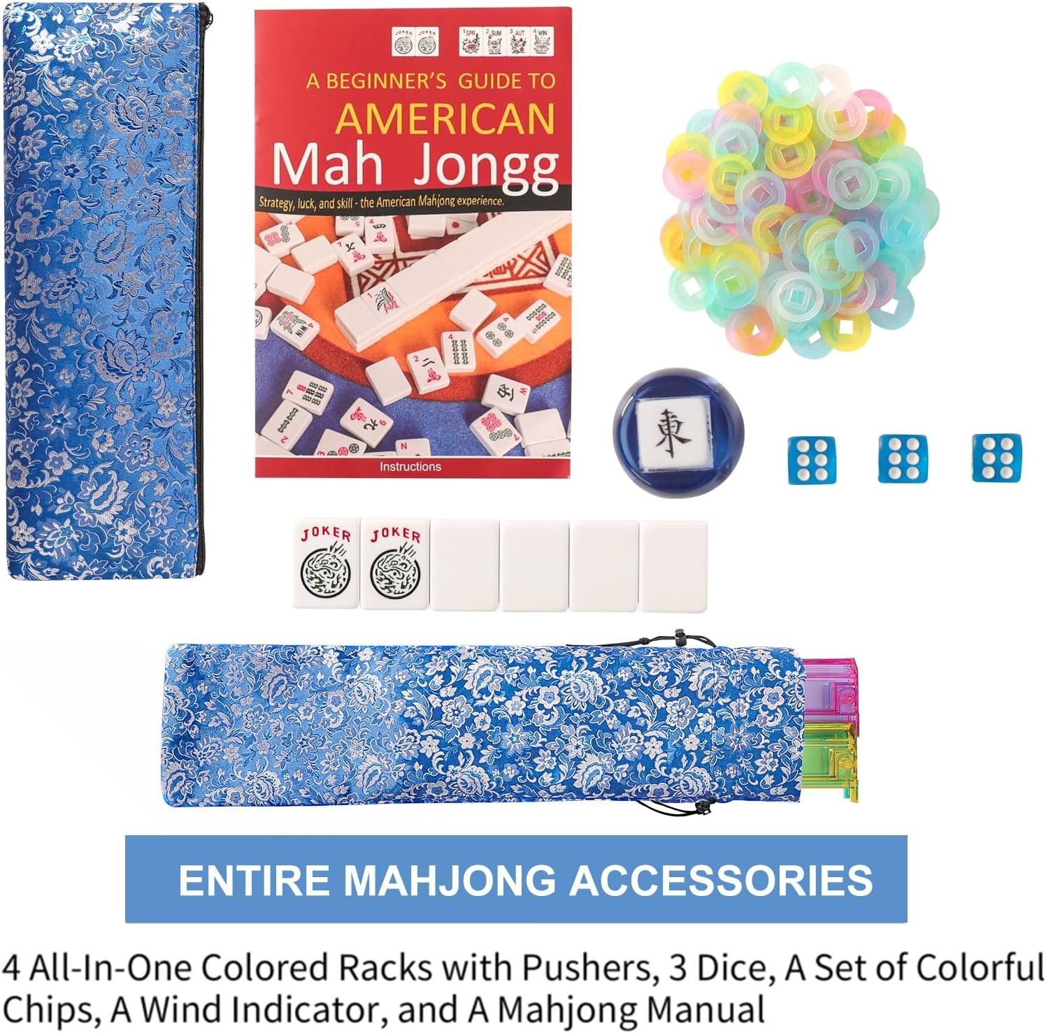 American Mahjong Game Set, 166 White Tiles, Dark Blue Bag with Entire Accessorie
