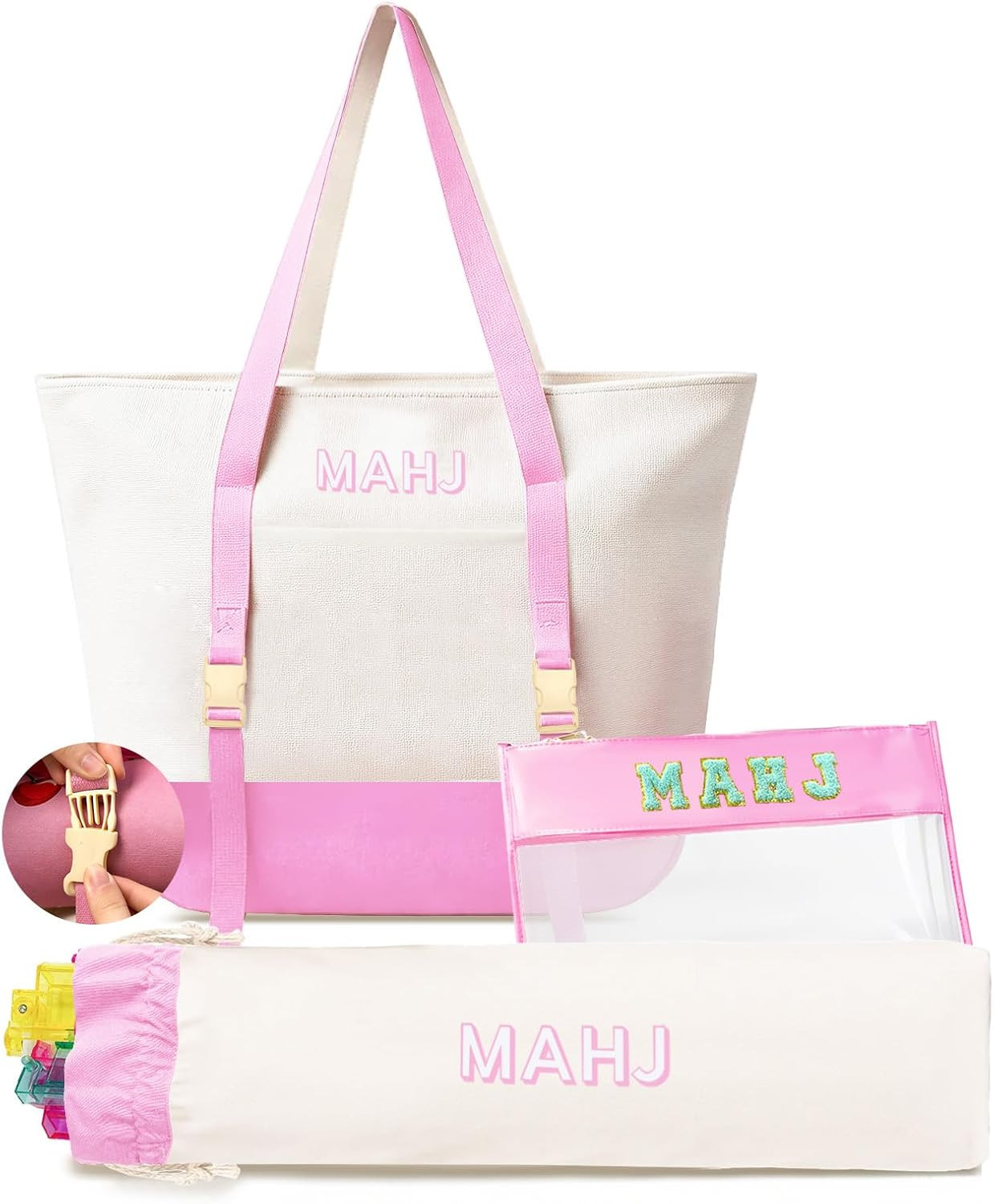 Empty Mahjong Tile Bags Set for American Tiles and Racks,Canvas Tote Bag with Ma