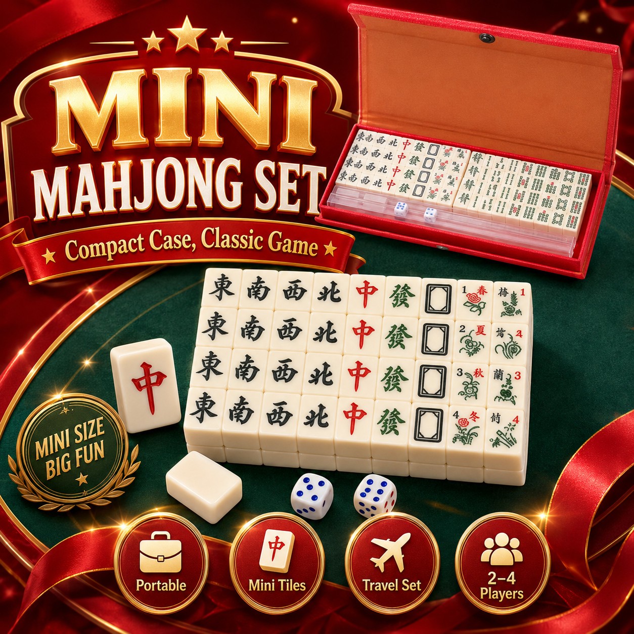 Mini Mahjong Game Set Travel Size Tiles with Storage Case Dice Kids Adults Party