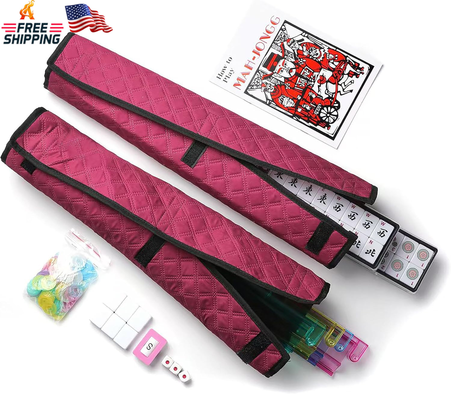 Mose Cafolo American Mahjong Game Set – Red (Burgundy) Quilted Soft Bag – 166 Wh