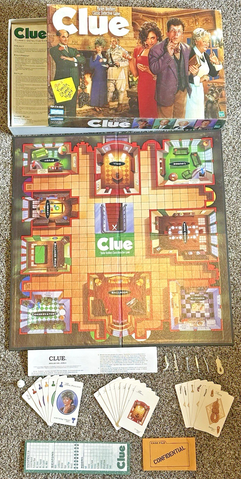 VTG 1998 CLUE Board Game Parker Brothers Hasbro 100% Case Cards Board PARTS