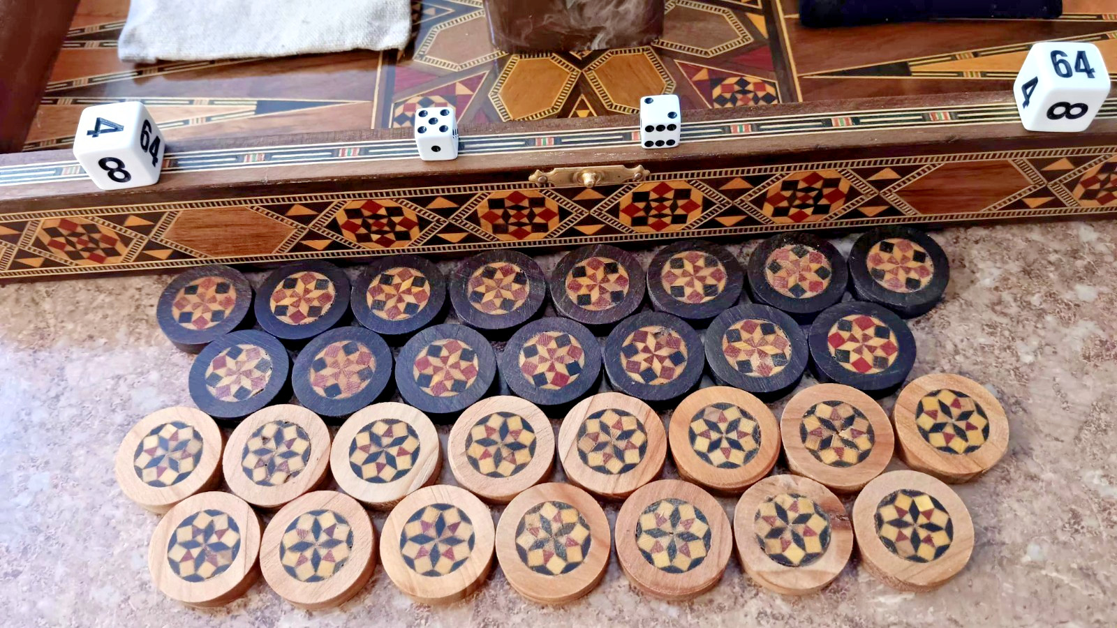 Wood Backgammon Game Box Vintage Inlaid Wood Middle Eastern Mosaic 16x8x3 inches