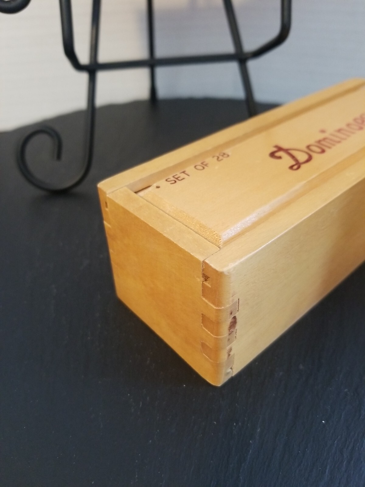 Hey! Play! VTG Double Six Dominoes Wood Dovetail Case, Original Box, 1980s
