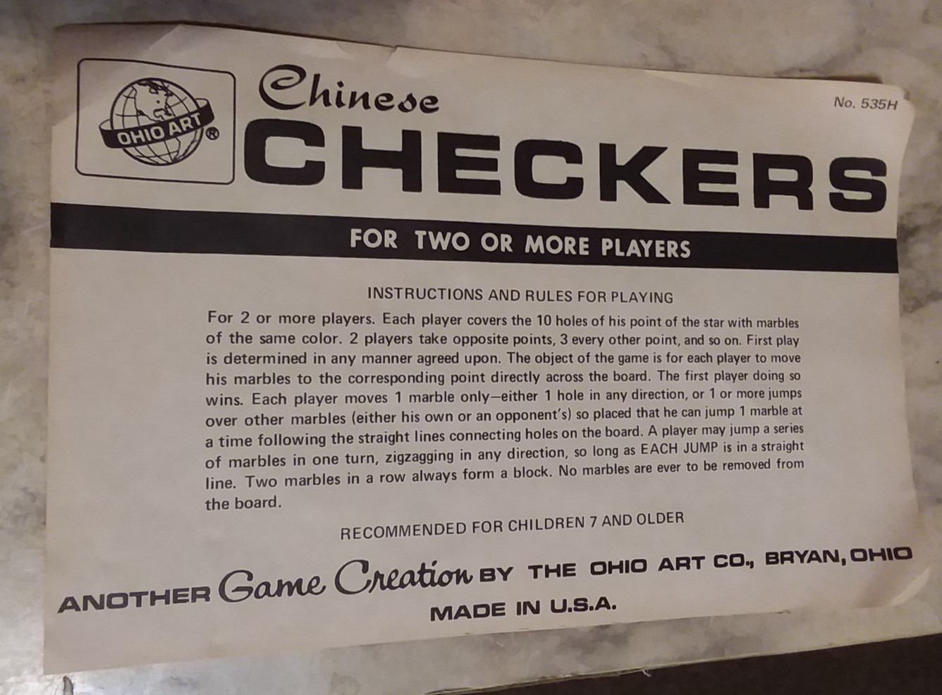 Vntg OHIO ART 12″ Tin Litho CHINESE CHECKERS #535H Board Game w/ Marbles & Box