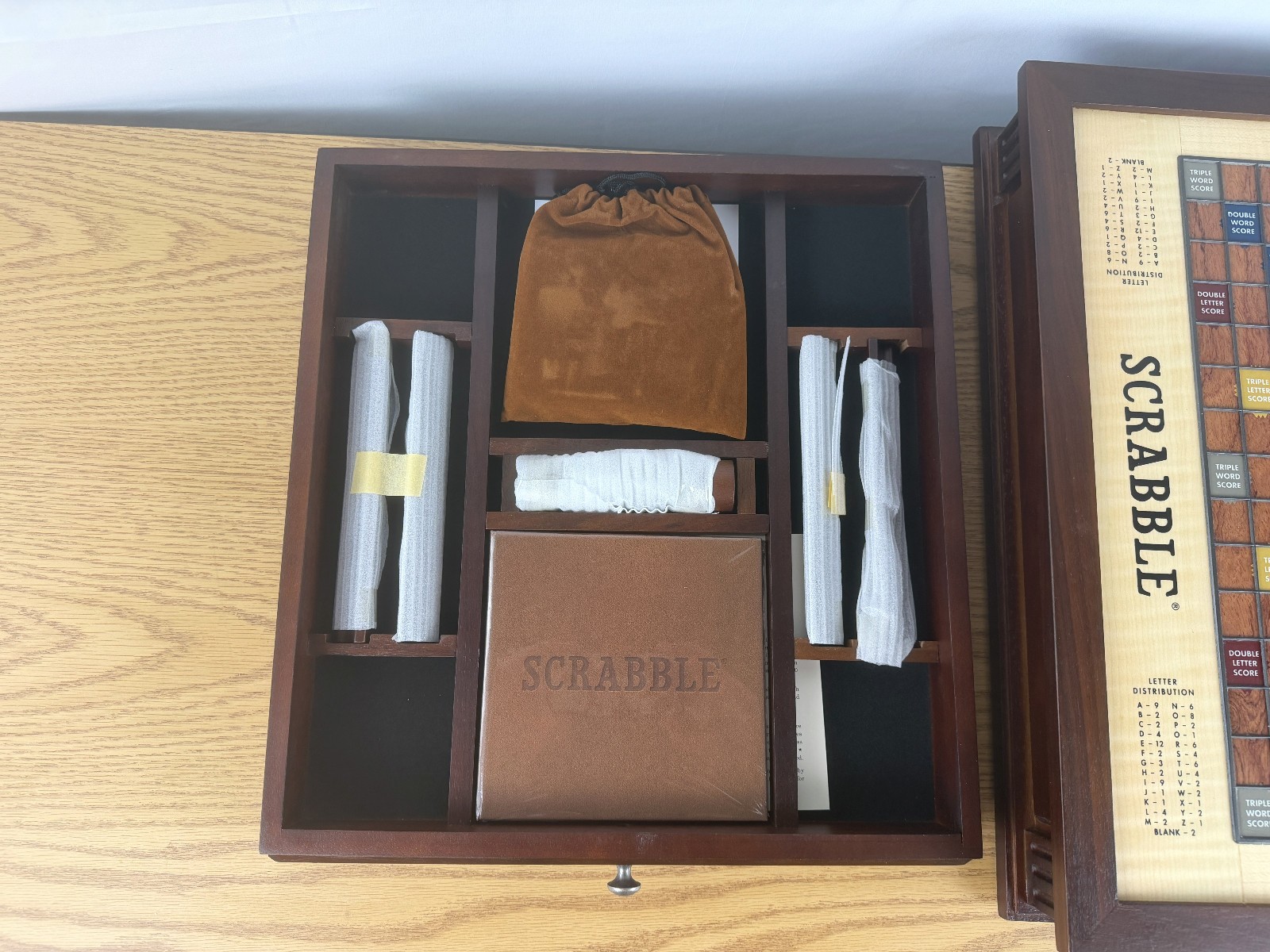 Scrabble Heirloom Edition with Rotating Solid Walnut Cabinet Turntable Open Box
