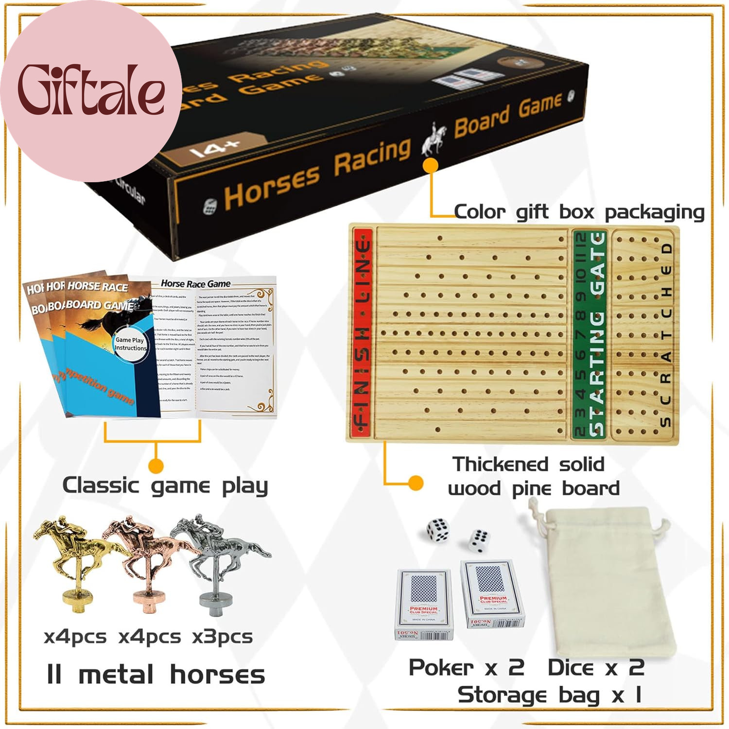 Horse Race Board Game Racing Game Thickened Solid Wood with 11 Luxurious Durable