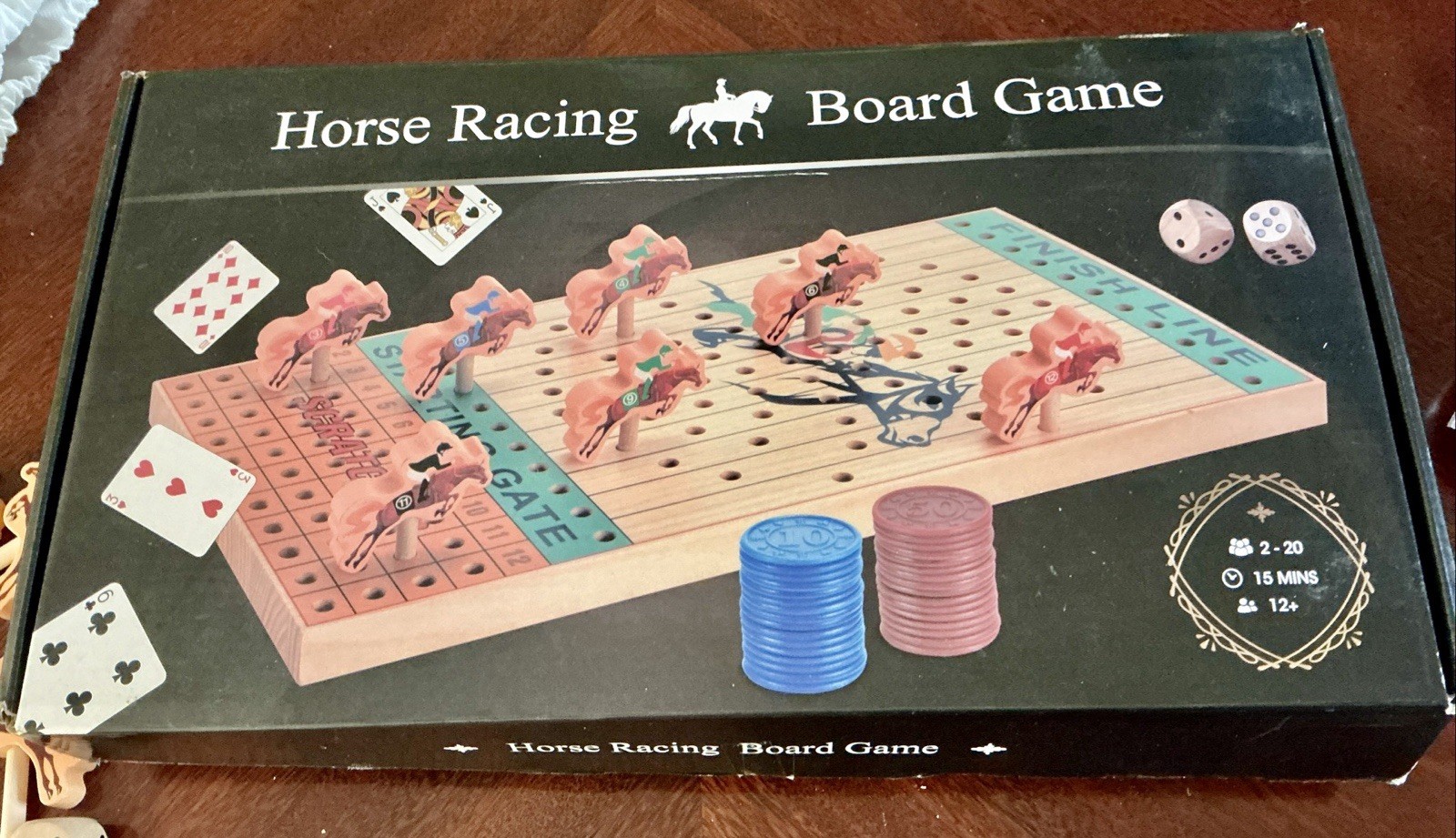 Shenzhen Horse Racing Board Game Wooden Board Horses, Chips, Dice & Cards UNUSED