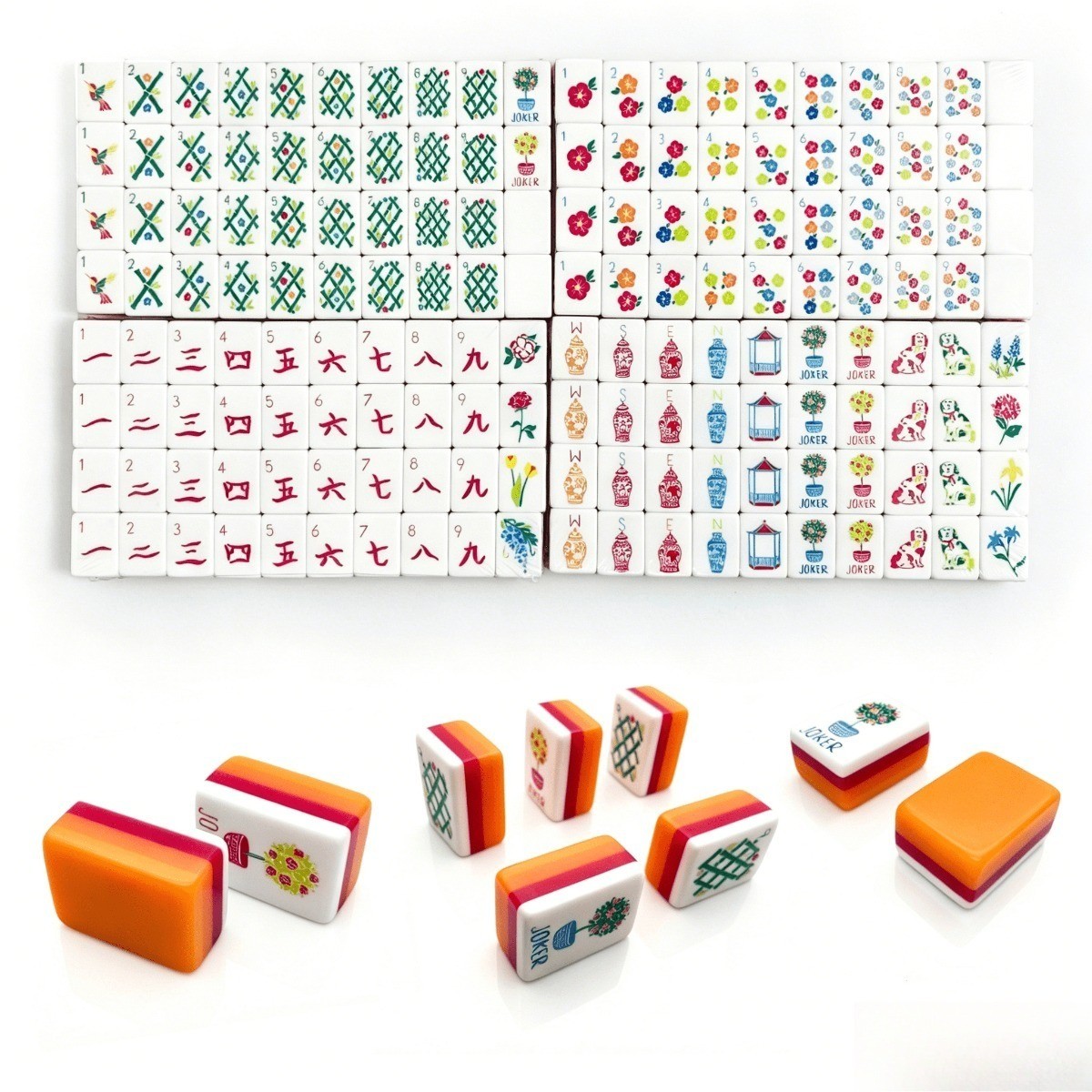 Orange Red White Striped Mahjong Tiles Vase Floral Joker Print 160 Full Set