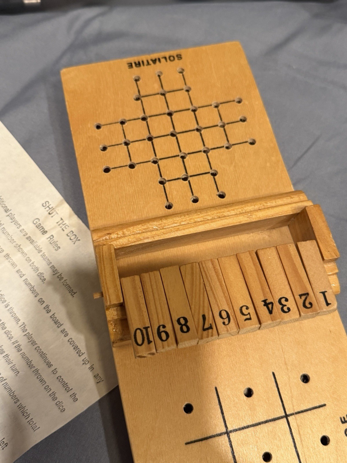 Mini Wood 3 in 1 Game Set, Tic Tac Toe, Peg Solitaire, Shut The Box W/ Storage
