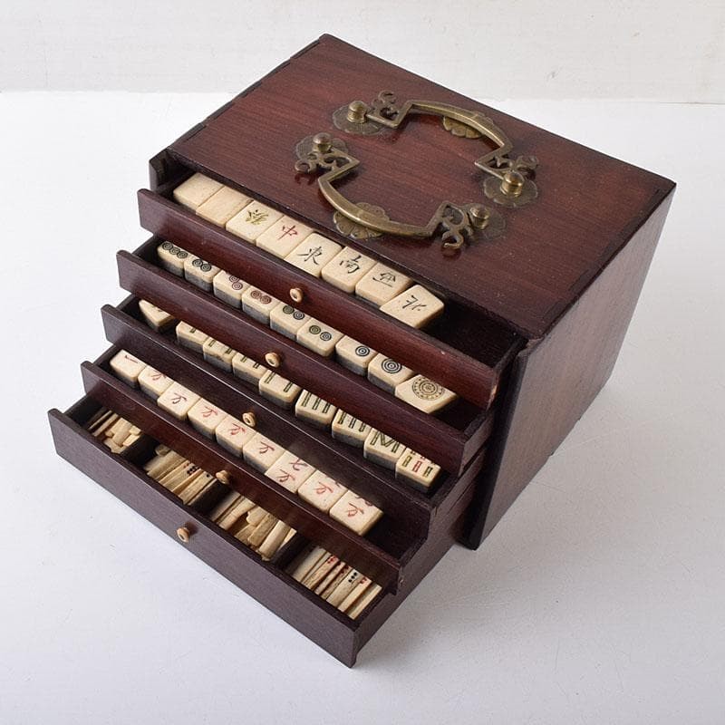 Vintage Chinese Mahjong Set Bone & Bamboo Tiles Wood Box Antique