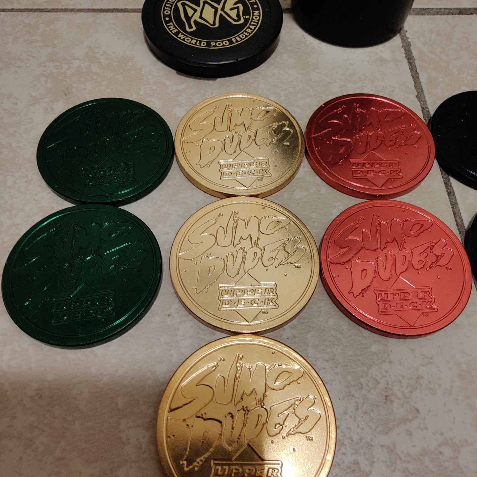 Lot of 12 Pogs Sumo Dudes Upper Deck Metal Slammers Multiple Colors + Tube VTG