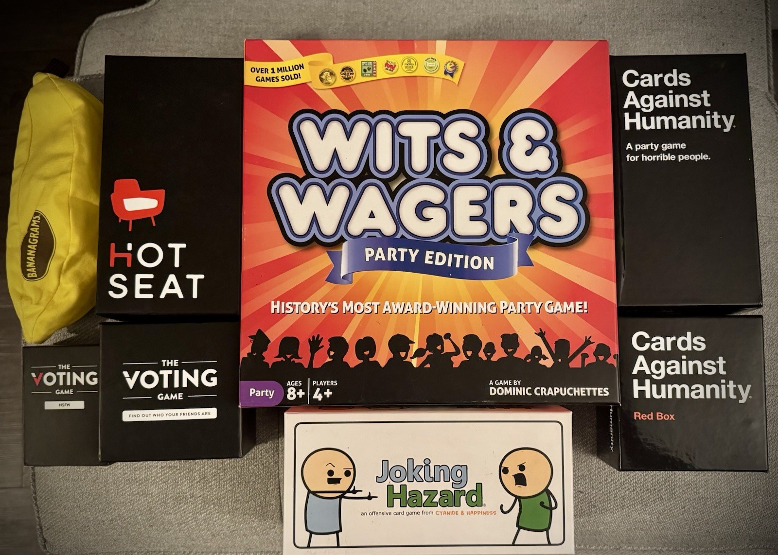 Party Game Lot/Bundle: Bananagrams, Voting Game, Cards Against Humanity + More
