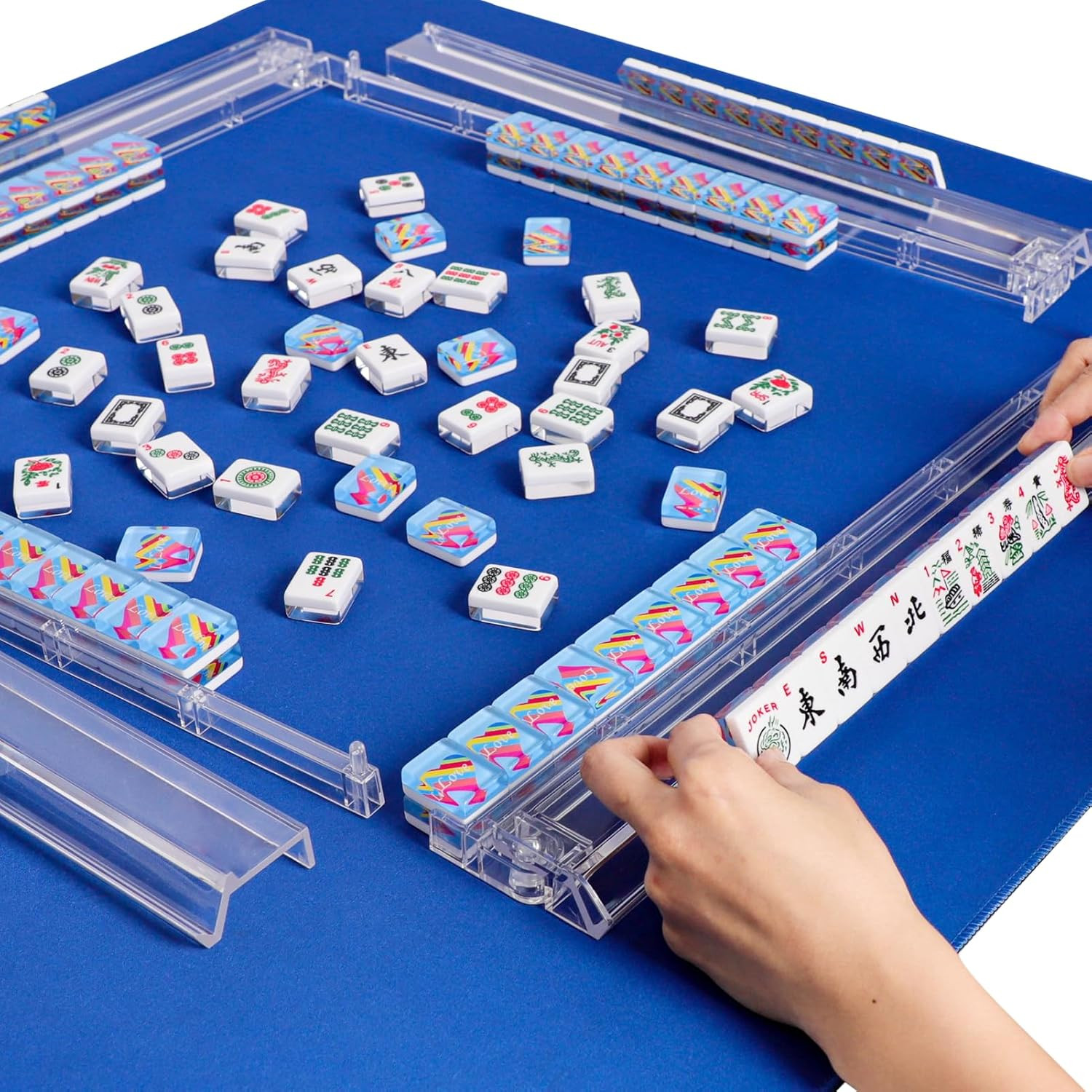Set of 166 Acrylic American Mahjong Tile Set, Mahjong Game Set with 1.2” Blue Pr