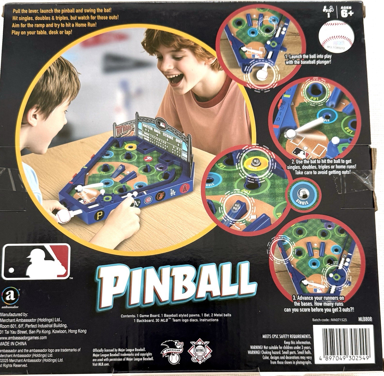 Ambassador Pinball Baseball Board Game MLB Licensed, Ages 6+, 2 Players MLB808
