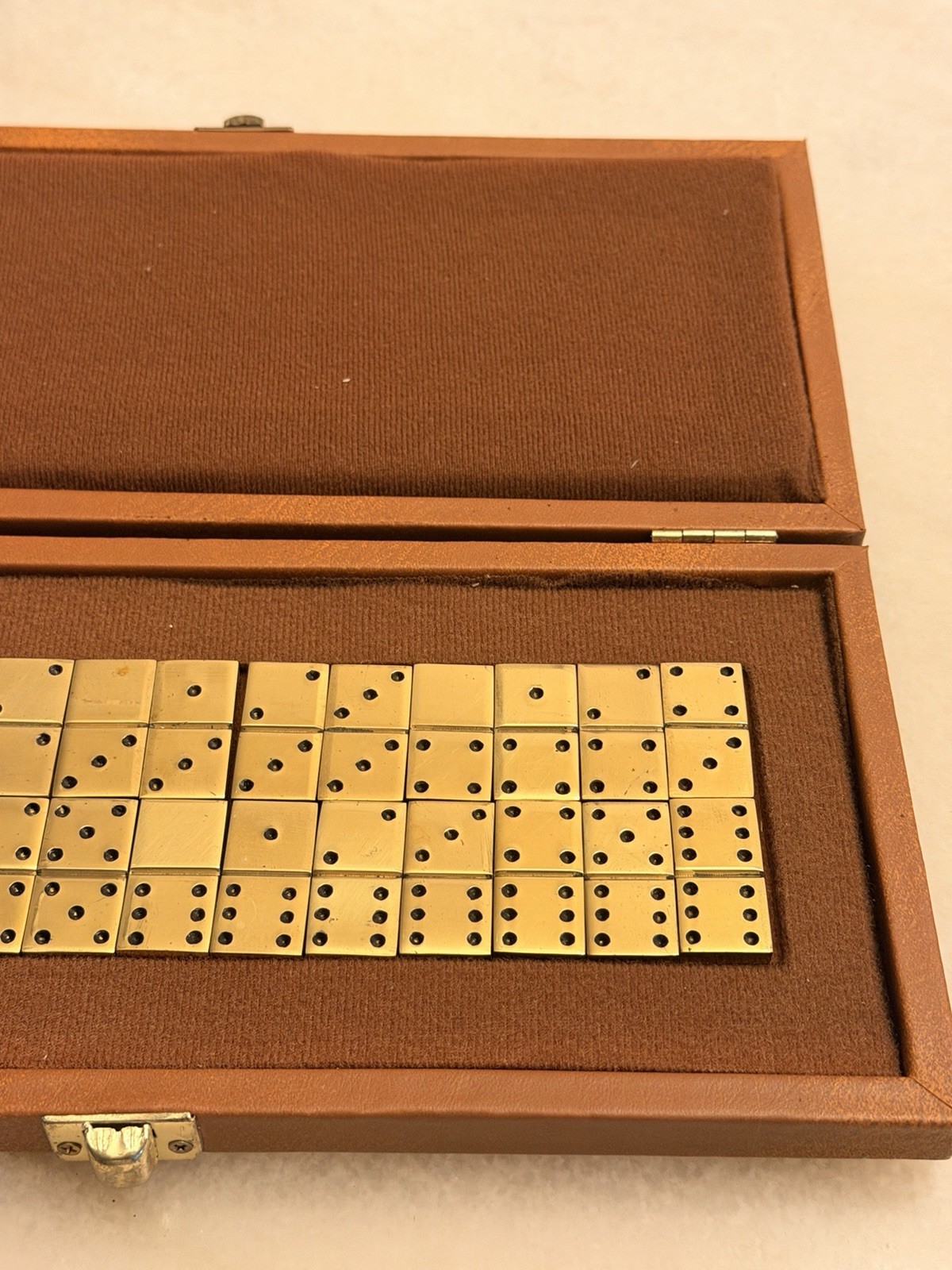 Vintage Mid-Century Solid Brass Double Six Dominoes Set(28) in FauxLeather Case