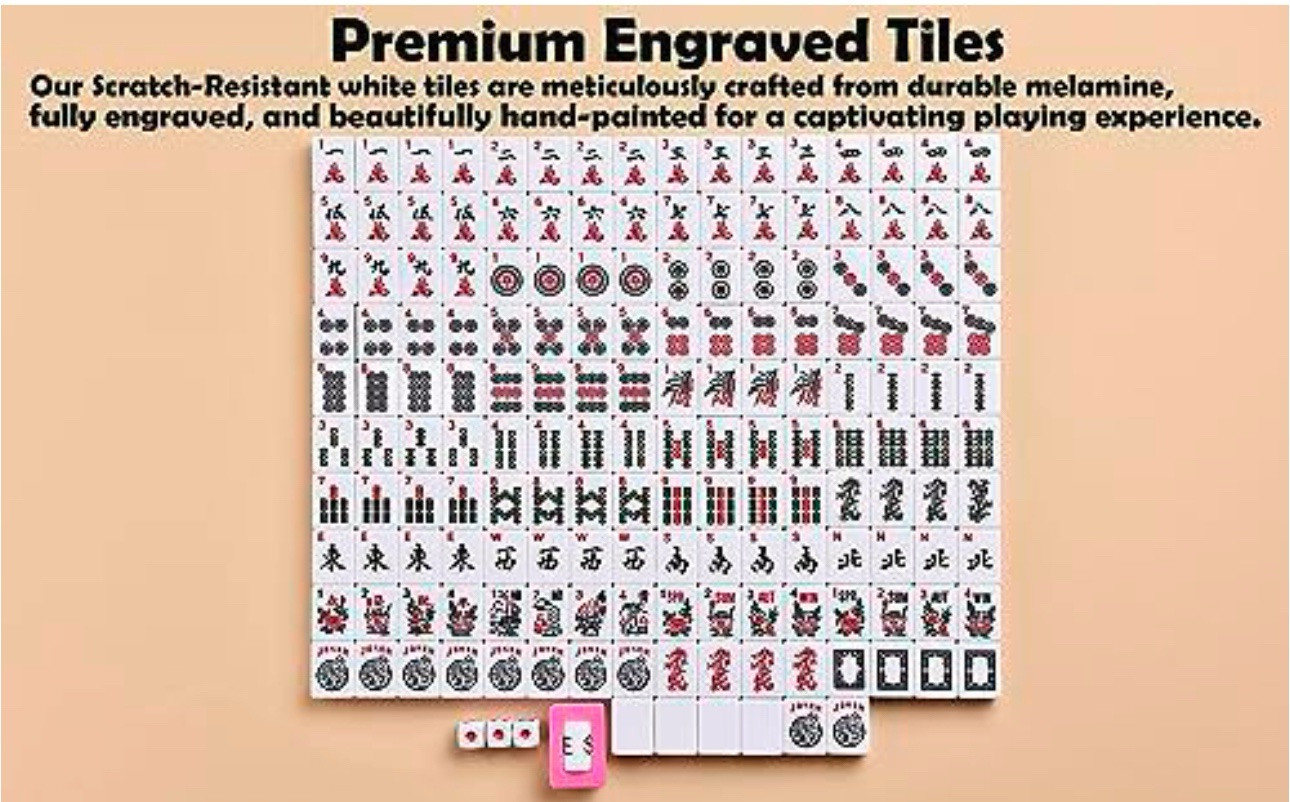 American Mahjong Set 166 Tiles Red Burgundy Quilted Bag 4 Color Pushers/Racks