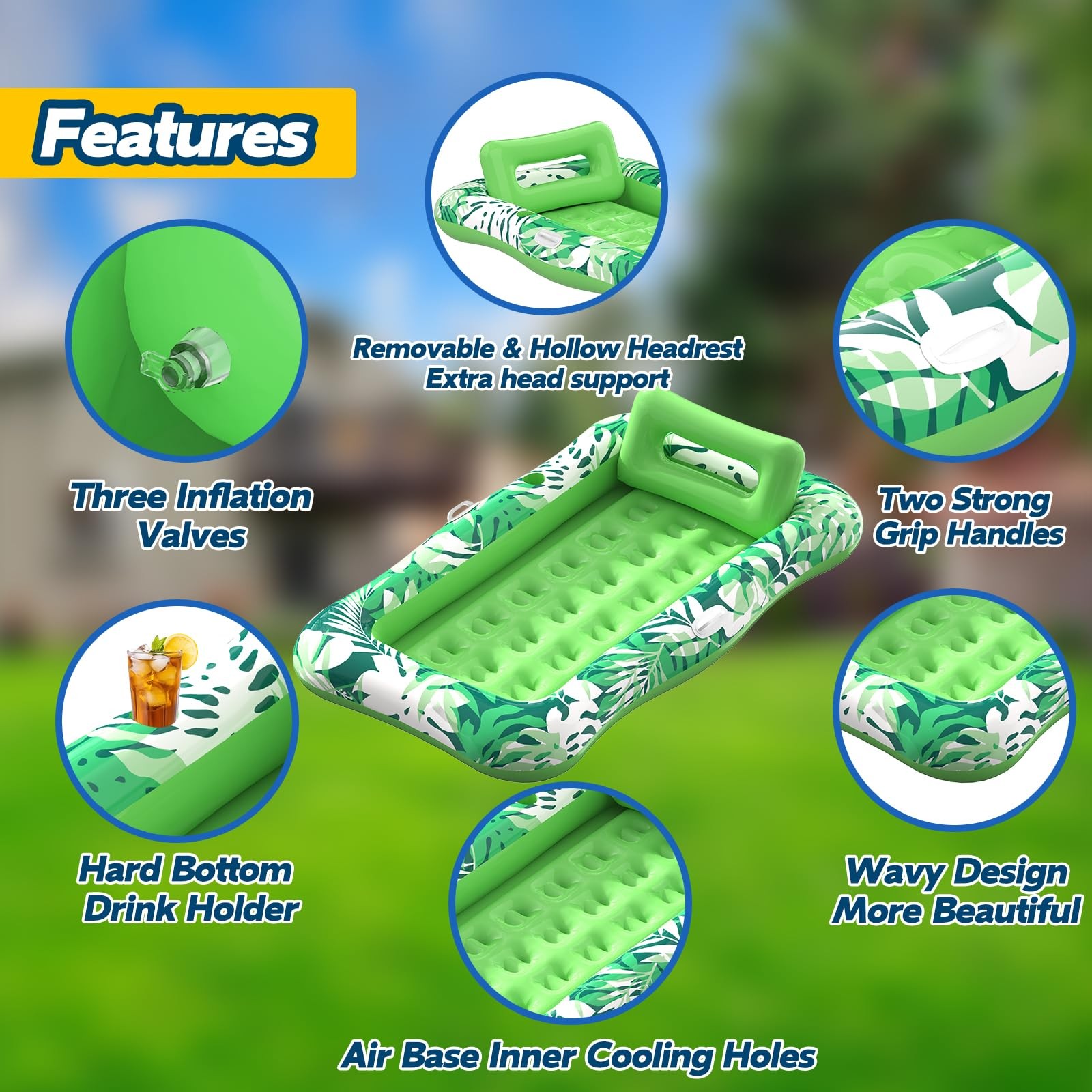 Pool Float 76 x48 XL Inflatable Tanning Lounger Pillow Green Nenrsl Led Floats