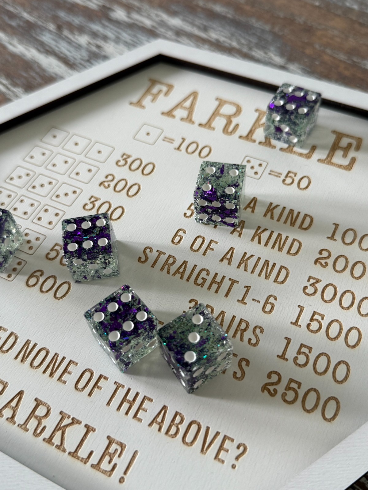 Resin Dice Set 6pcs – Purple Green Foil Sparkles Handmade Replacement Dice Games