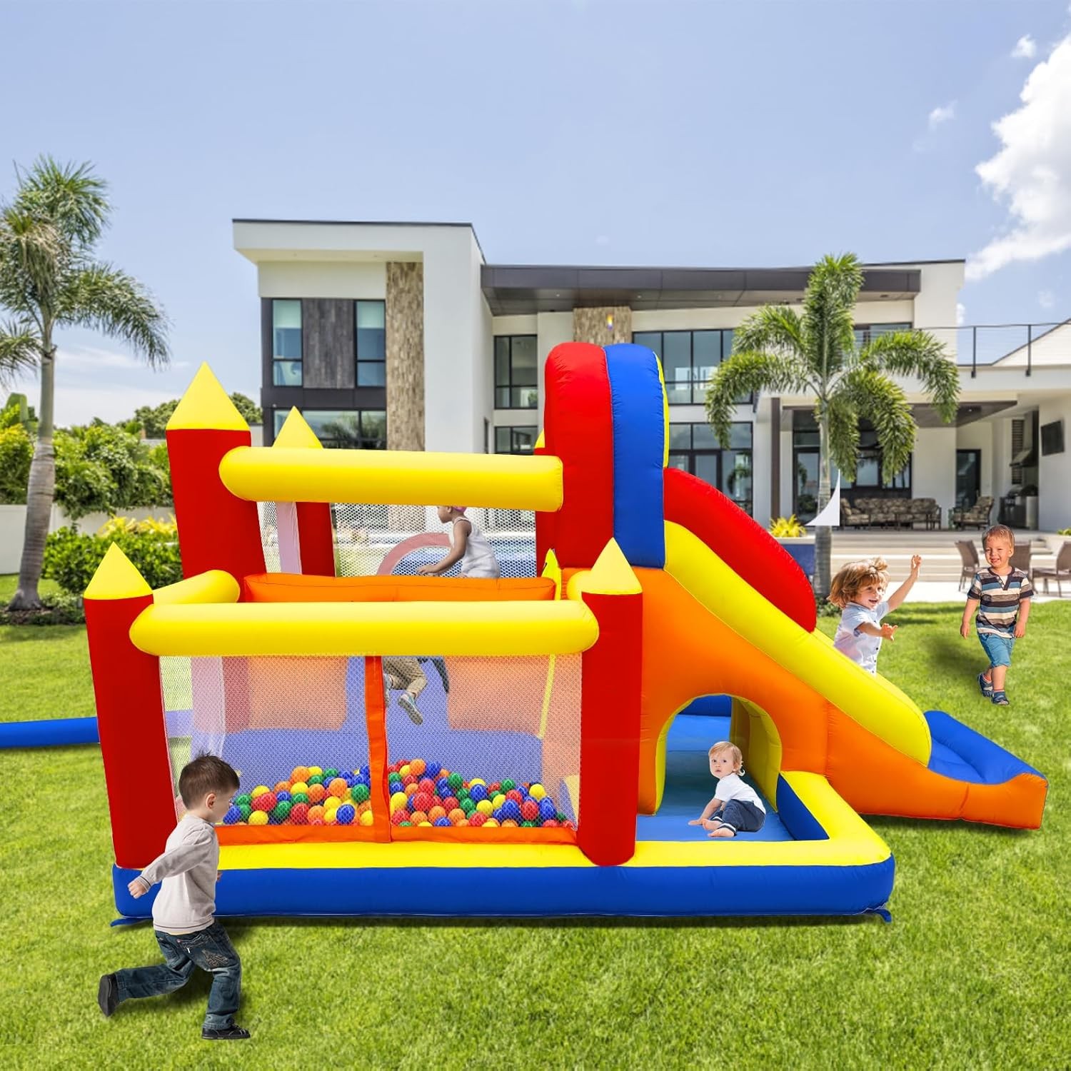 Inflatable Bounce House for Kids 3-10 with Long Slide Ball Pit Pool Obstacles