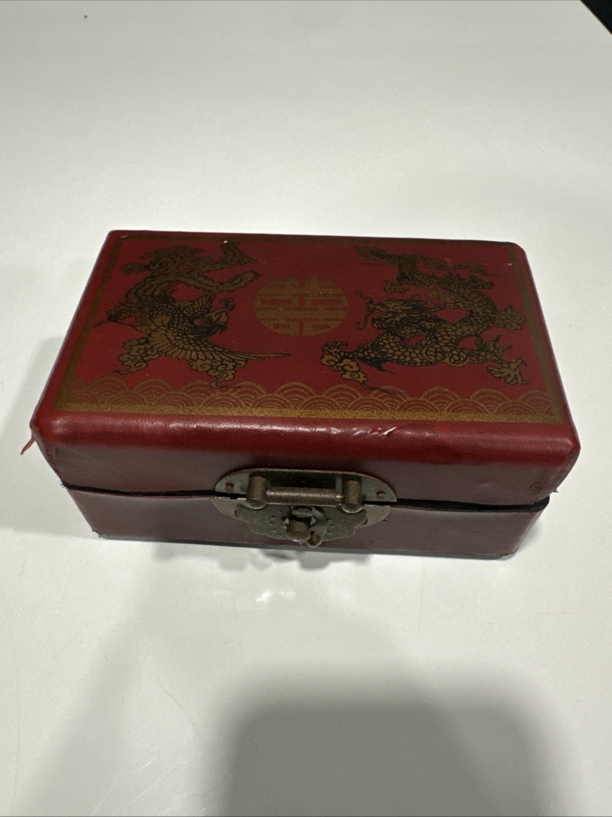 Vintage Chinese Red Leather Box Dragon Art -Box for Mini- Dominoes Game