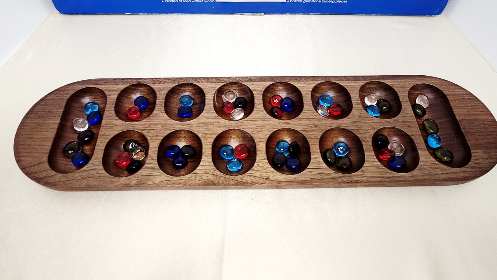 Vtg FAO Schwarz Cardinal MANCALA Premiere Edition Solid Walnut Wood & Gemstones