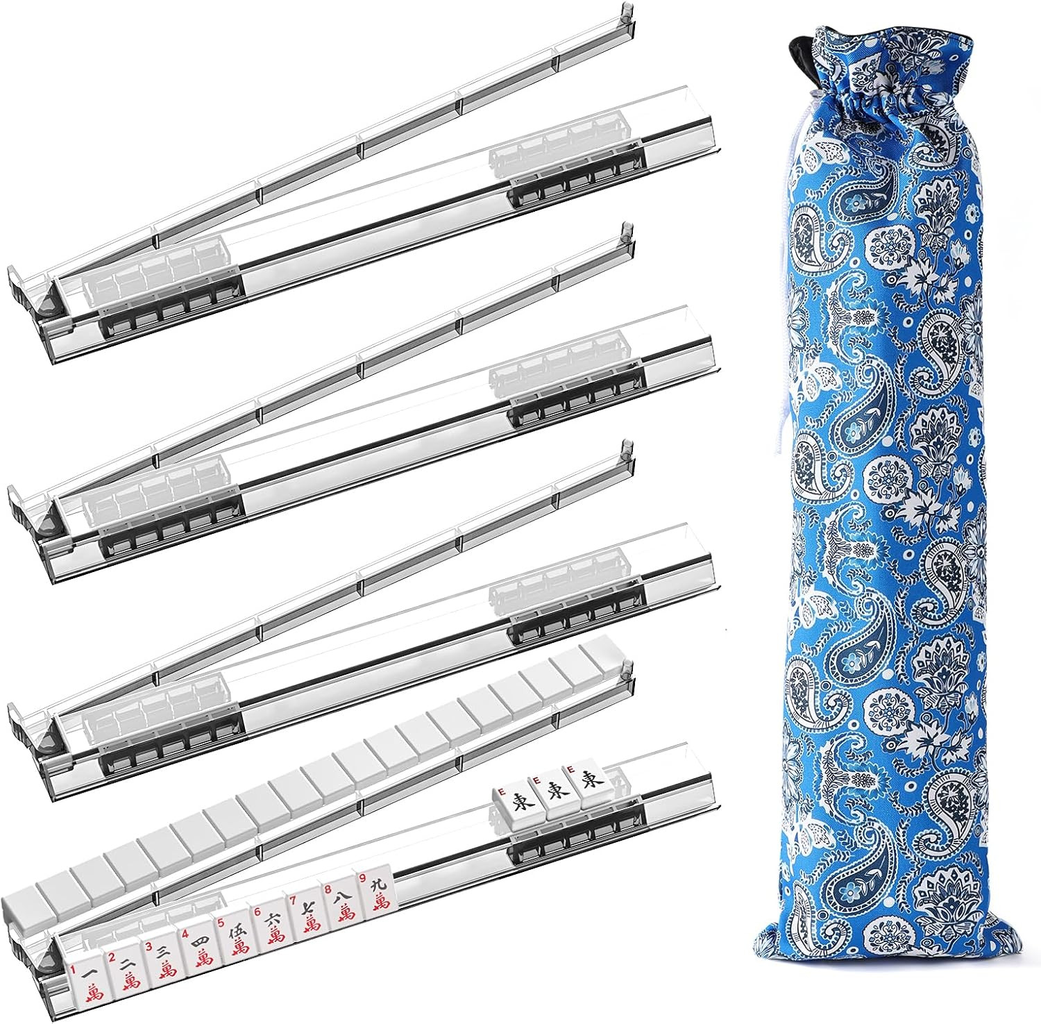 Non-Slip Mahjong Racks with Rotating Pushers & Double-Layer Nylon Bag, 4-Pack Cl