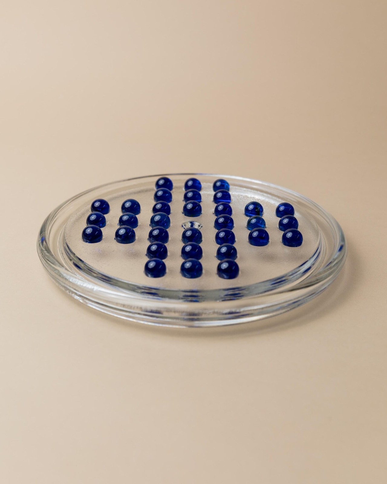Vtg Glass Solitaire Game – Textured Clear Glass Board with Blue Glass Marbles