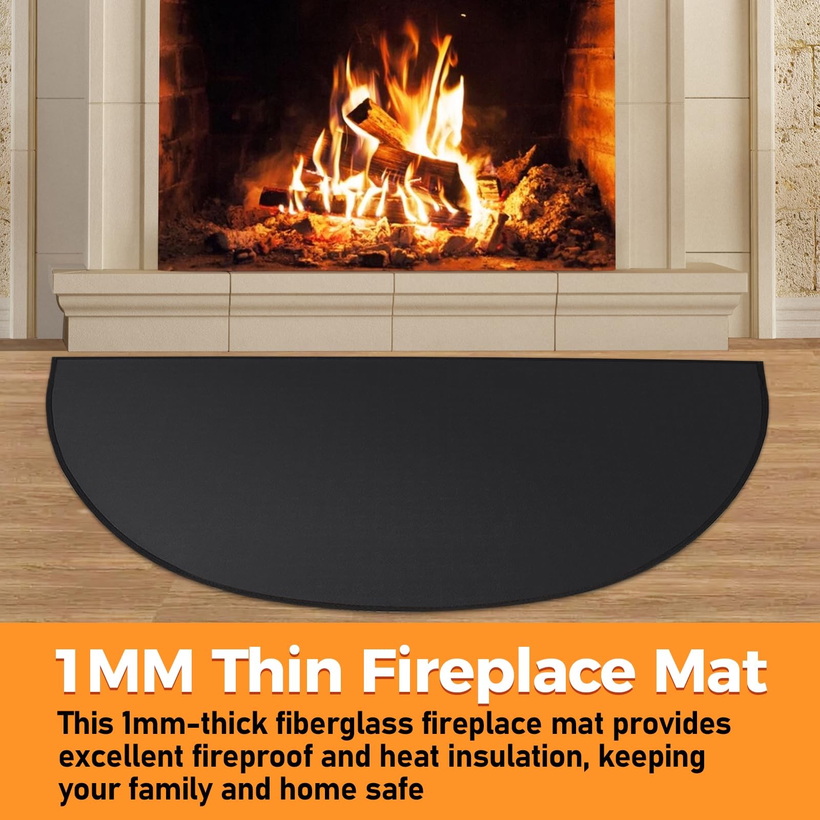 Fireplace Mat Fireproof, 2′ x 3’6” x 0.04” x 3’6″ (Semicircular), Black