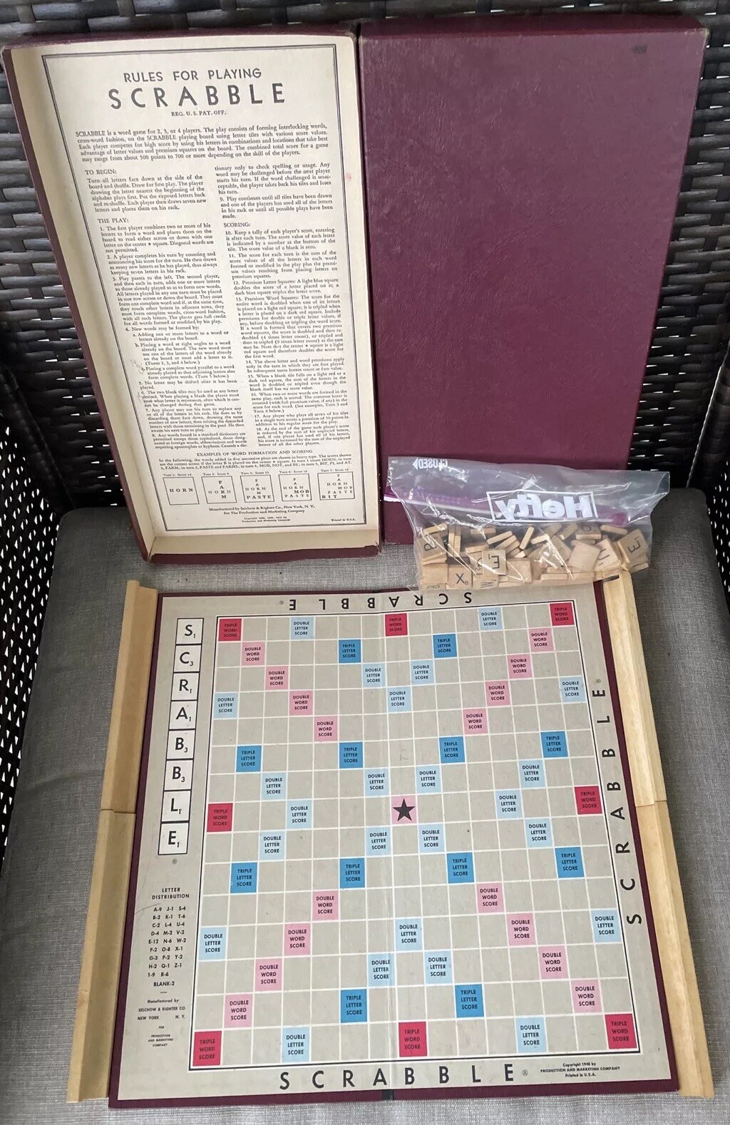 Vntg 1948-1953 SCRABBLE Board Game Selchow & Righter Complete Wood Tiles See Pic