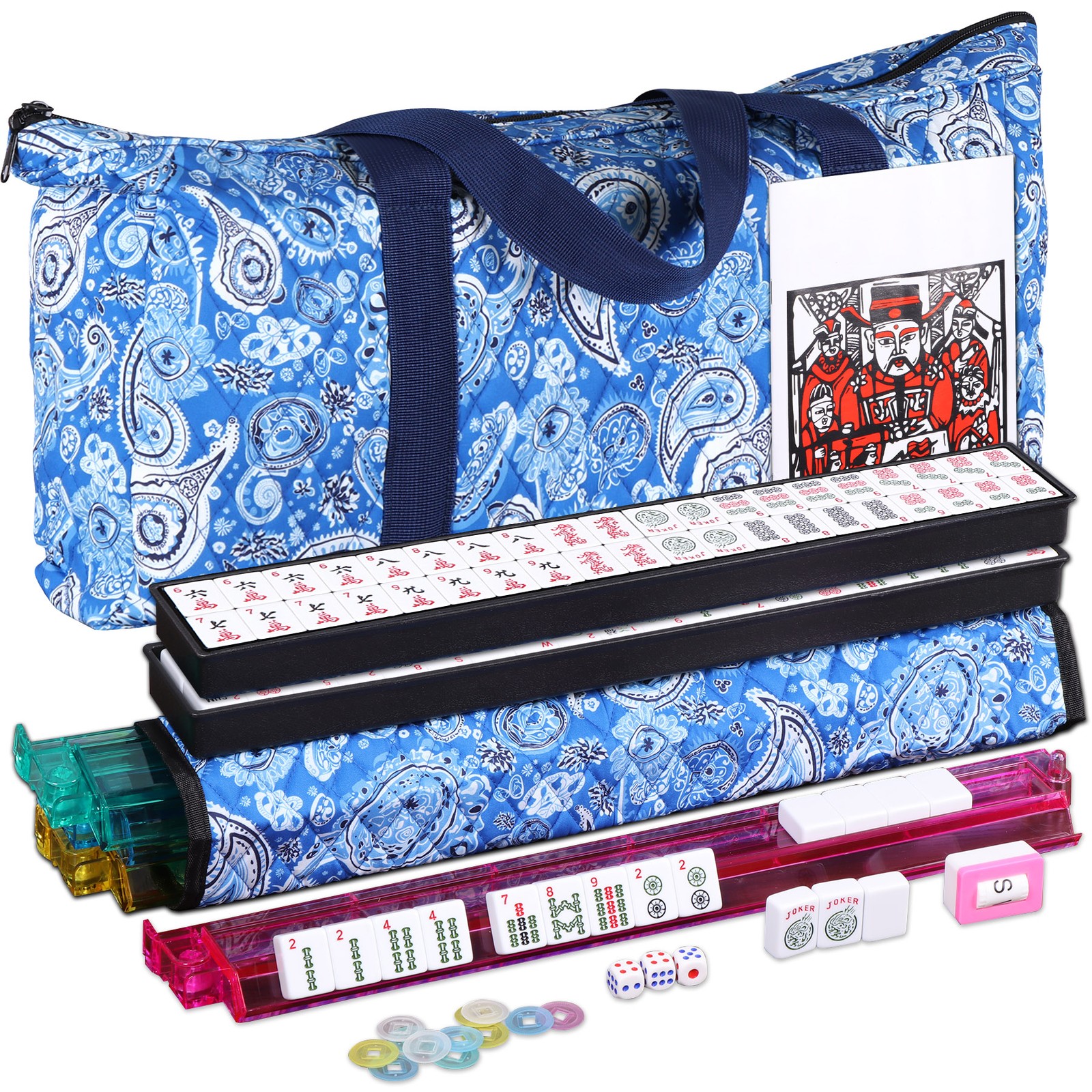 American Mahjong Set,166 Premium White Tiles 4 All-in-One Mahjong Racks/Pushers