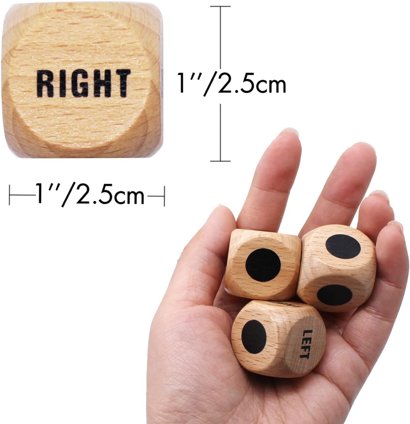 3Pcs Left Right Center Game Dice 1 Inch Beech Wood Dices with Drawstring Bag (3