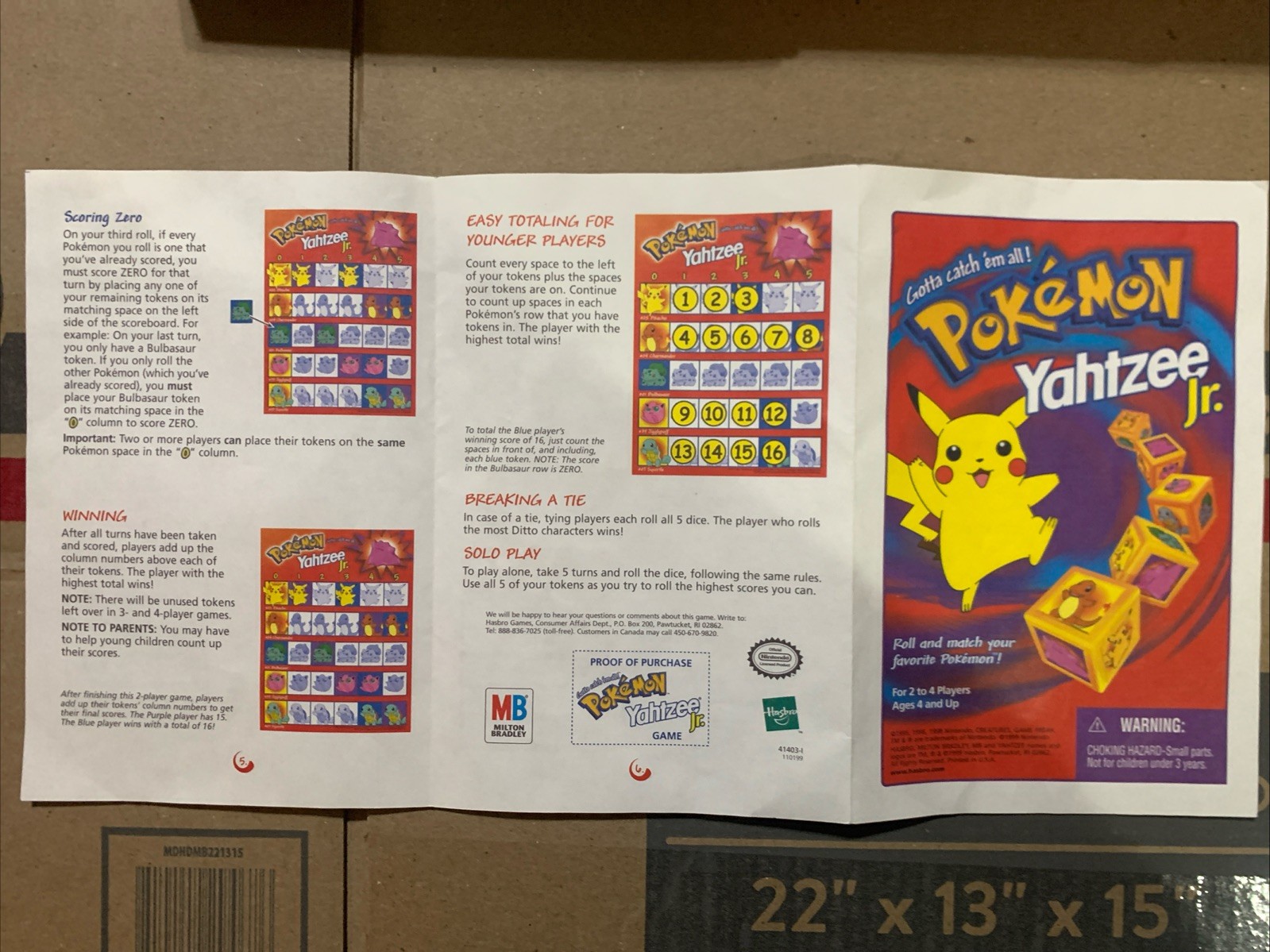 Vintage Pokemon Pikachu Yahtzee Jr. Board Game Milton Bradley 1999 *READ DESC!