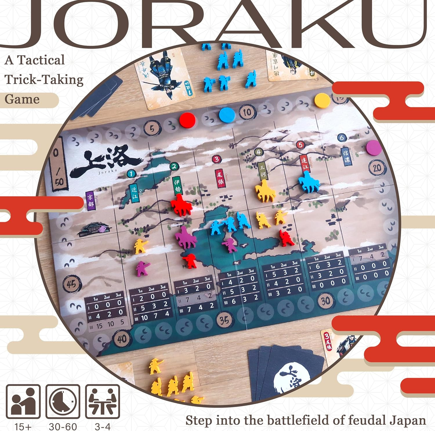 Joraku Deluxe Strategy Board Game, 40 Wooden Samurai Meeples, Area Control and T