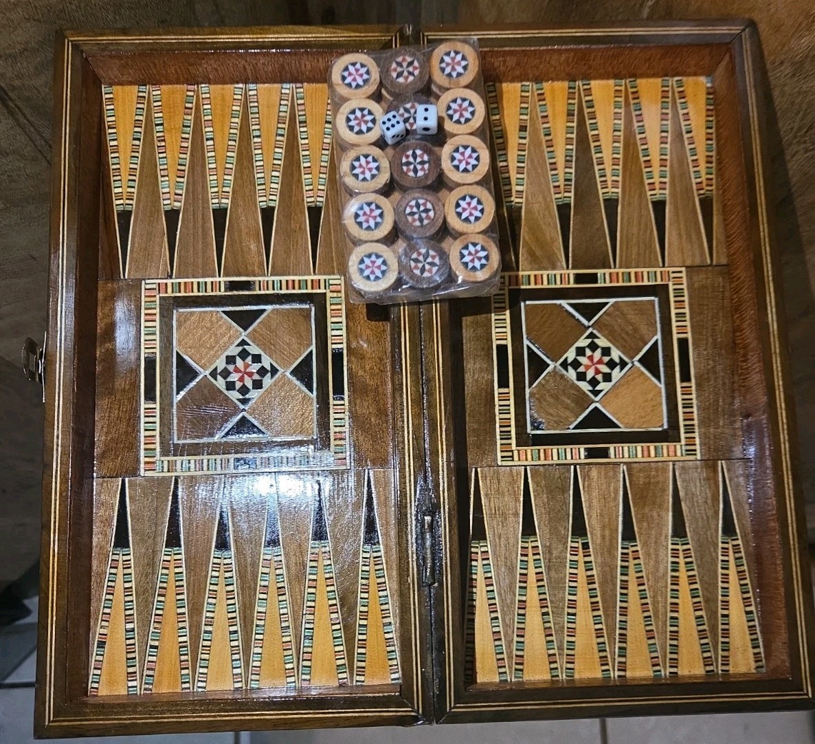 Vintage Mosaic Inlay Chess Backgammon Set Handcrafted Wood Marquetry Game Box