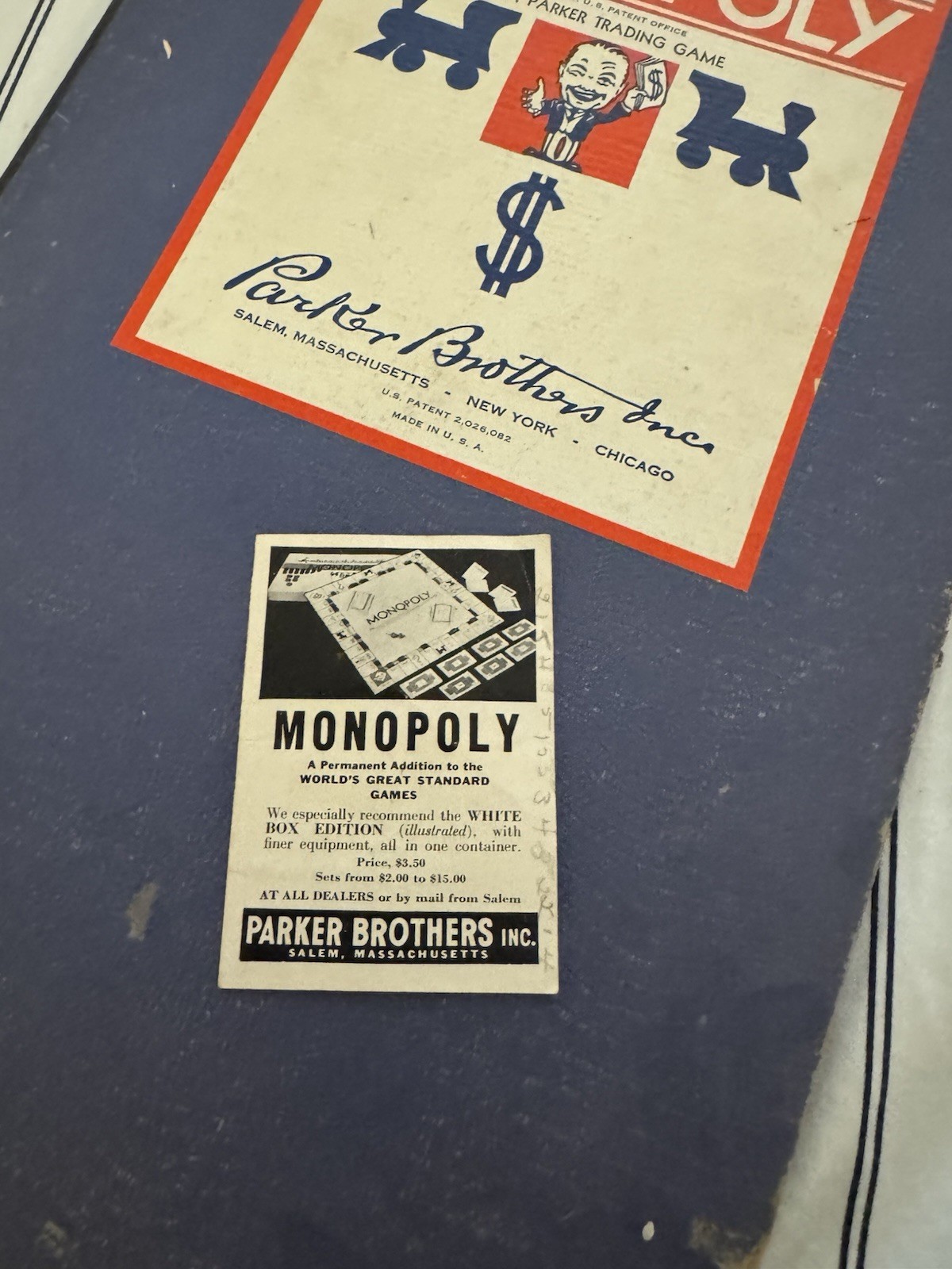 1935 Monopoly Set – Parker Bros. Blue Box, Single Patent No. 2,026,082 – Rare