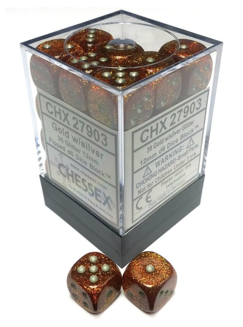 d6Cube12mm Glitter Polyhedral GDsv – Chessex (Pack of 36)
