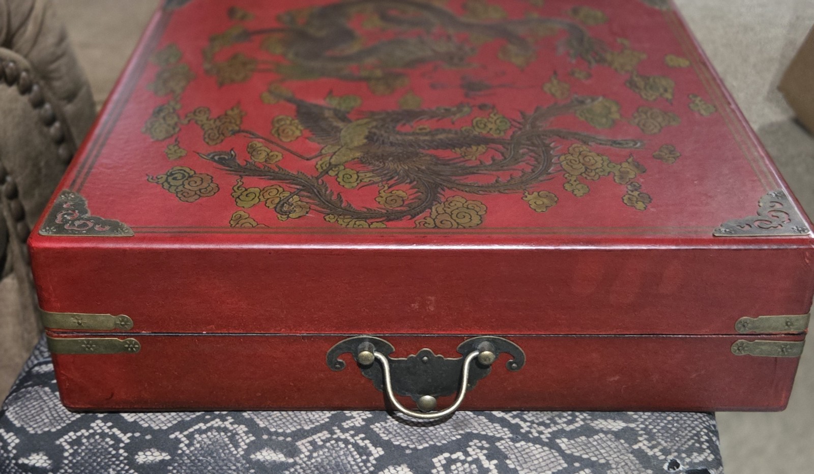 Vintage Red Chinese Game Set Wood Box Dragon & Phoenix Chess Backgammon Checkers