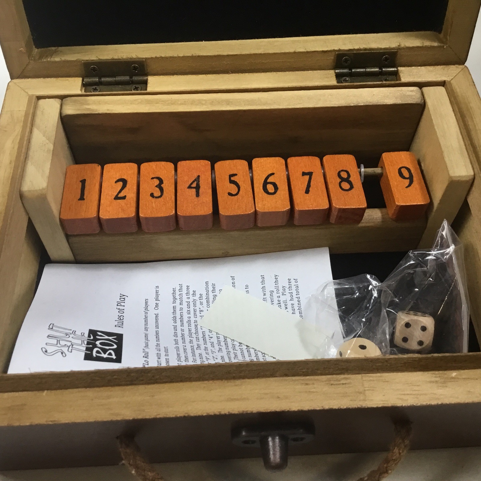 Game Shut The Box Wooden Case Dice Directions New In Box. 8x6x3 Inches Brown