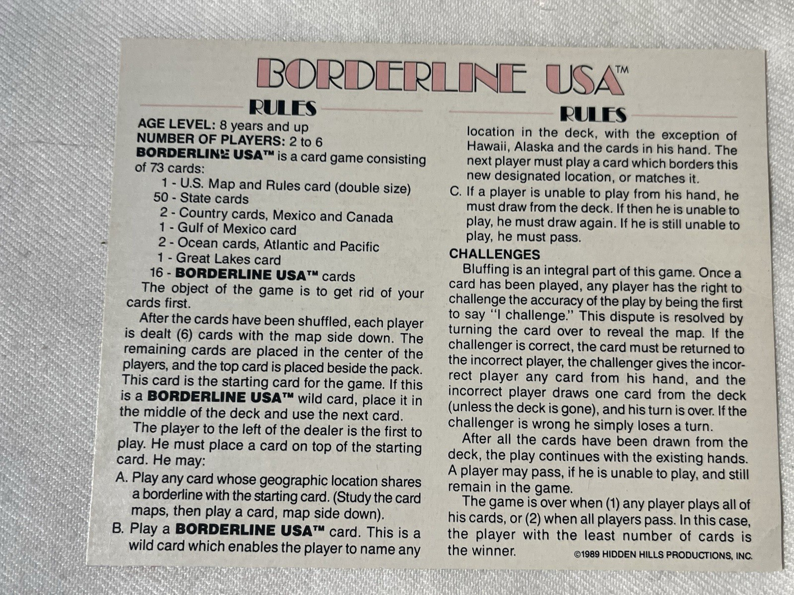 Vintage 1989 Borderline USA Geography Trivia Card Game by John Davidson Sealed