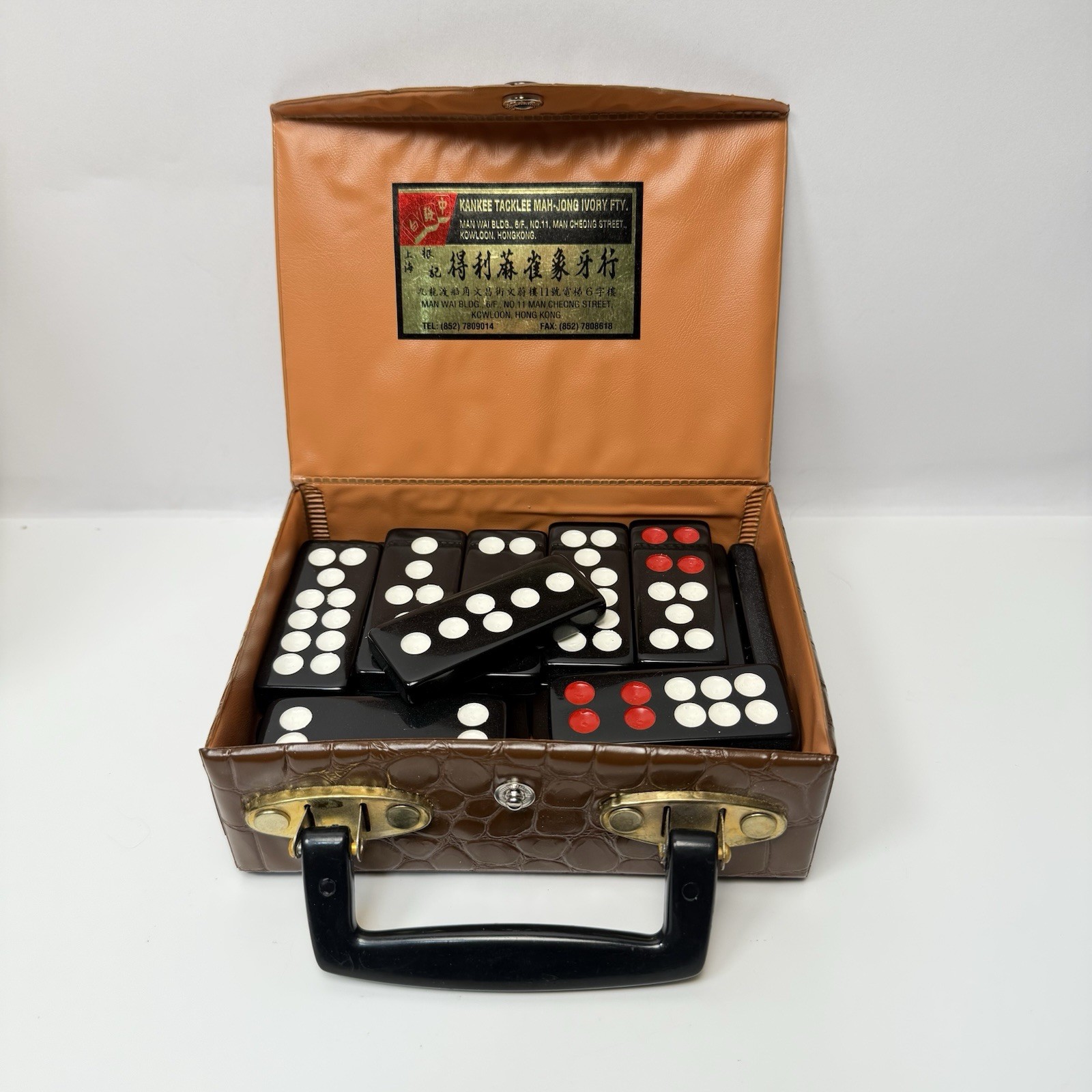 Vintage Chinese Pai Gow Domino Tile Set Black Tiles w/ Case Hong Kong