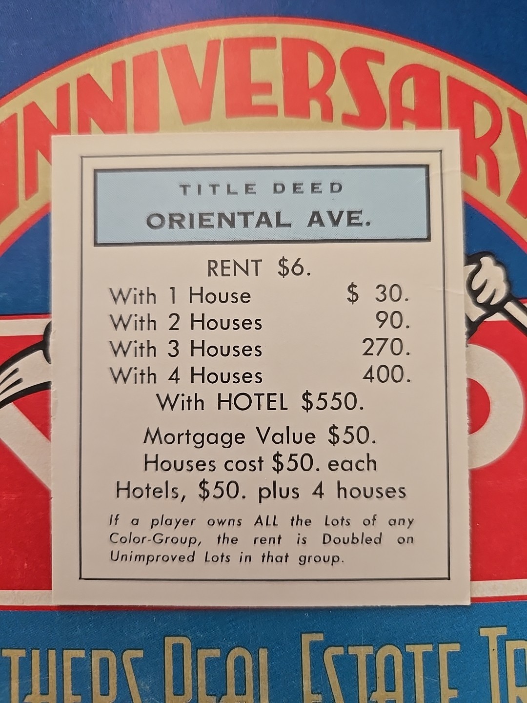 1985 Vintage Monopoly Oriental Ave Light Blue Title Deed Card Game Piece Part